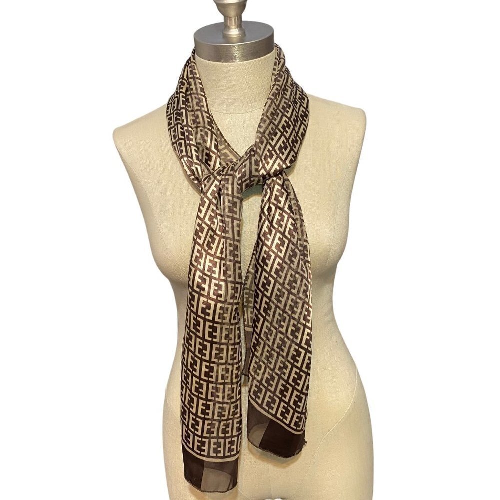 Donna Brown & Tan‎ Print Chiffon & Polyester Satin Scarf 13" x 57"